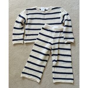 Zara Top Pants Set Crocheted Cream Blue Stripe 100% Cotton Toddler Baby Sz 18-24